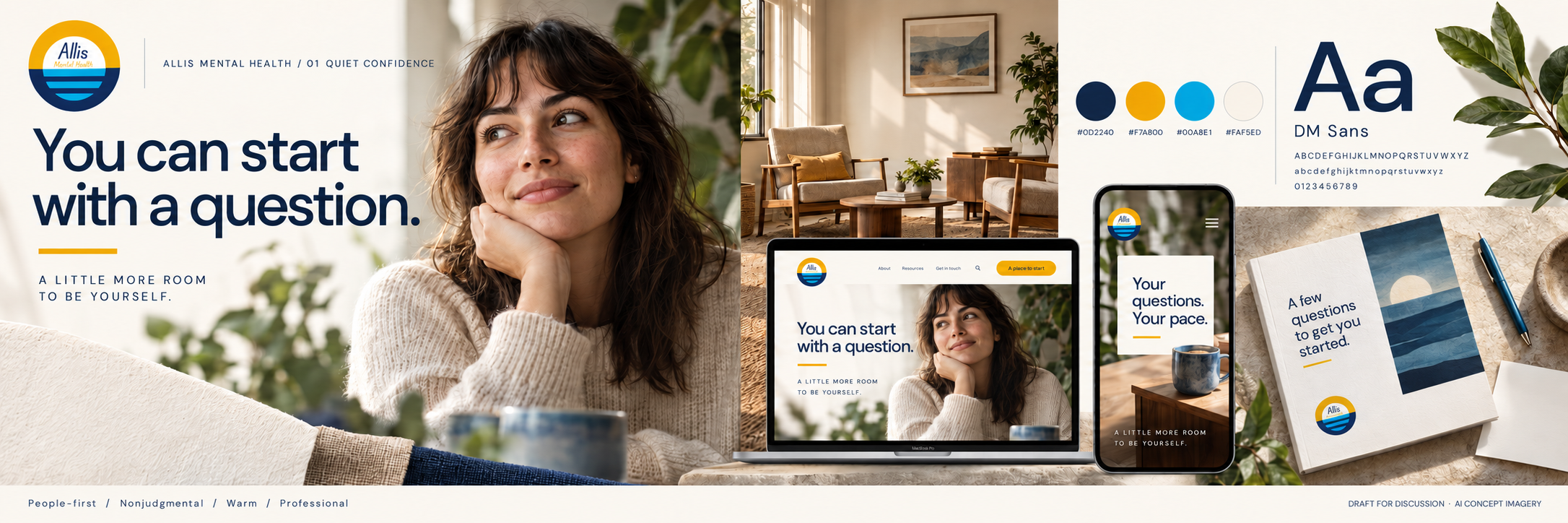 Quiet Confidence stylescape with human photography, warm light and ivory typography