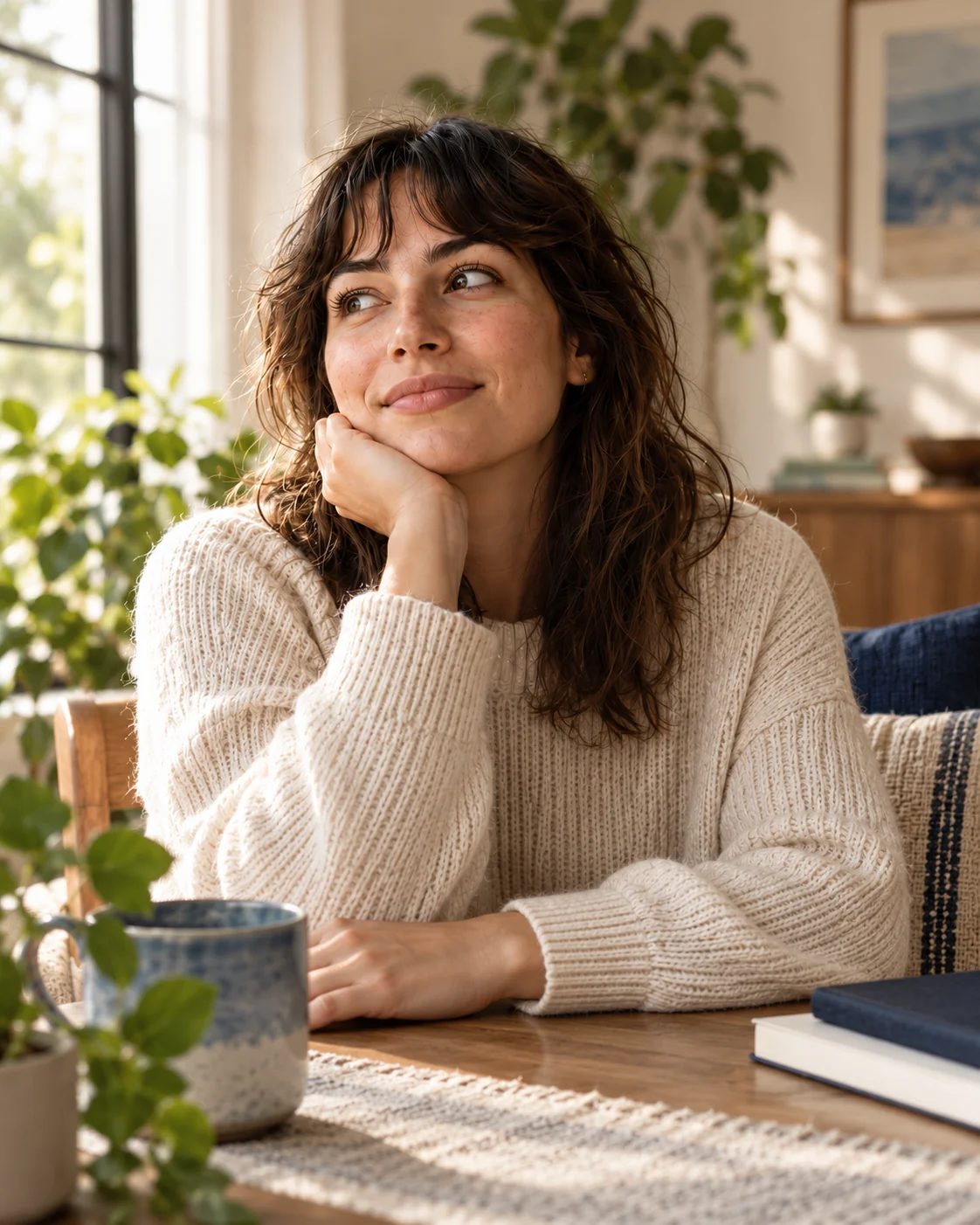 A woman in a cream sweater, looking thoughtfully toward a window