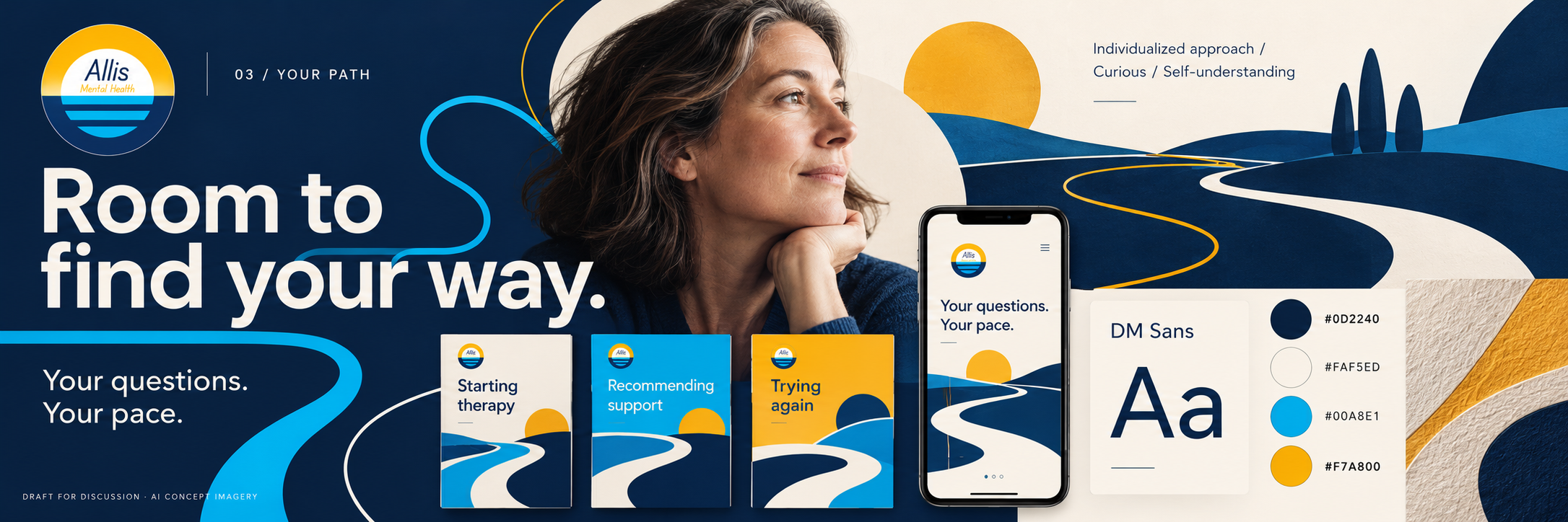 Your Path stylescape with confident navy typography and blue and gold pathways