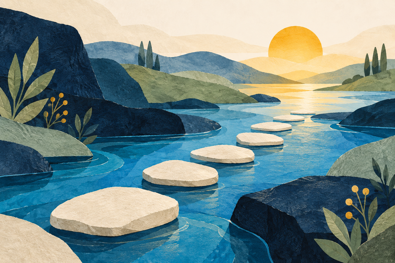 An illustrated stepping-stone pathway across water