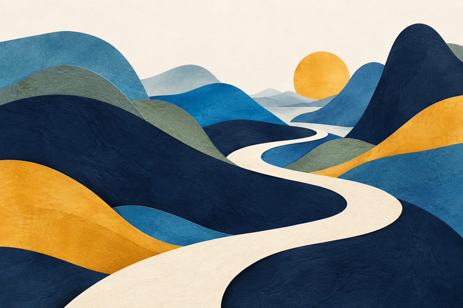 Illustrated pathways through a blue and gold landscape