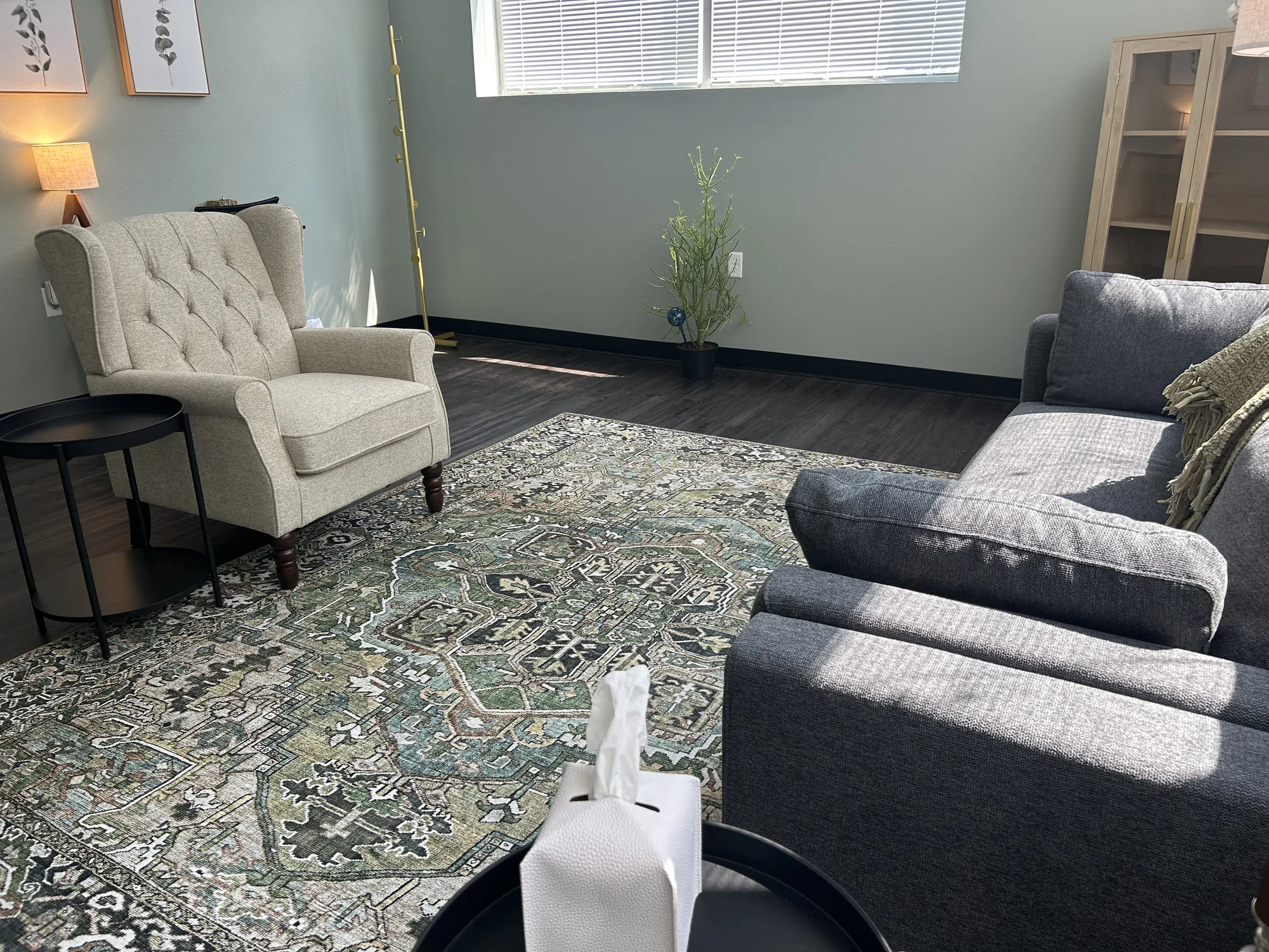 A light chair and blue sofa in a room at Allis