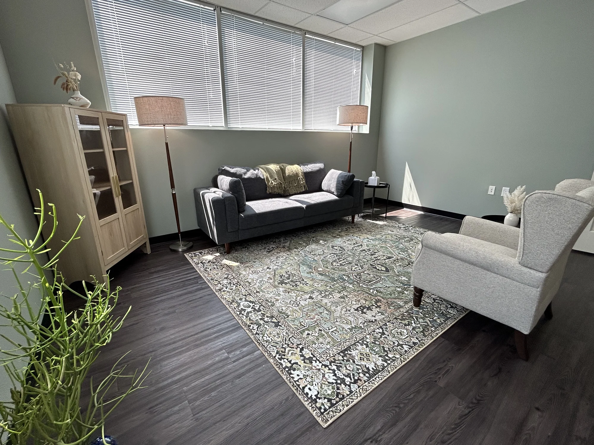An Allis therapy room with a blue sofa, light chair and broad windows